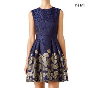 Badgley Mischka Blue and Gold Midi Dress